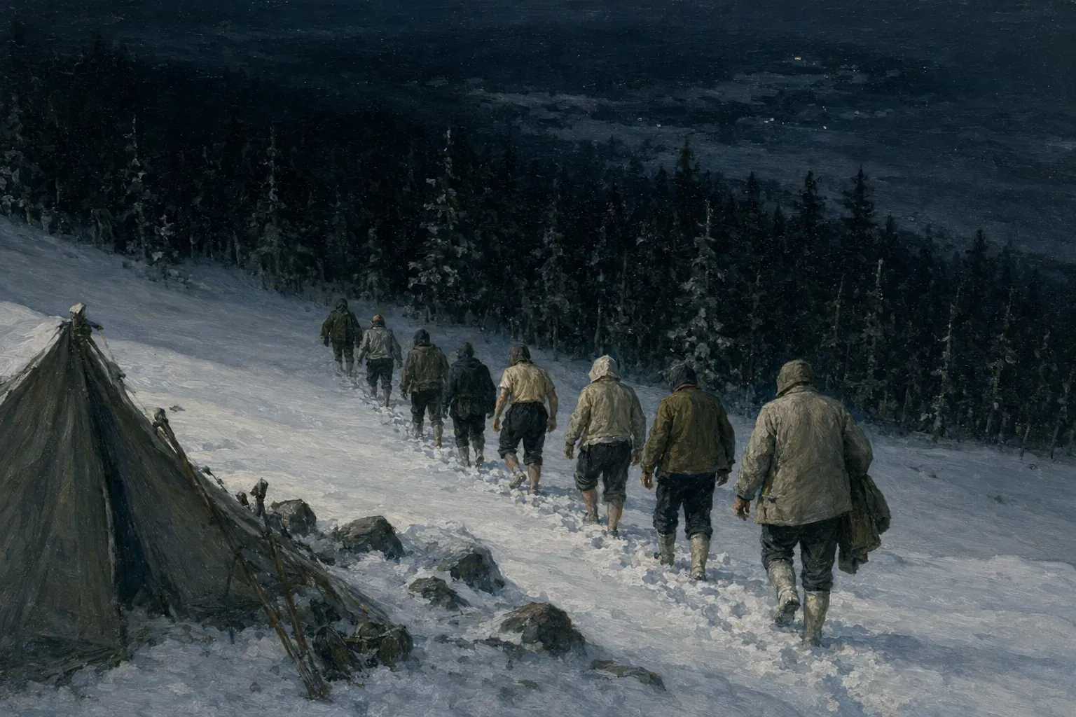 Neuf randonneurs descendant une pente enneigée en file vers une forêt sombre