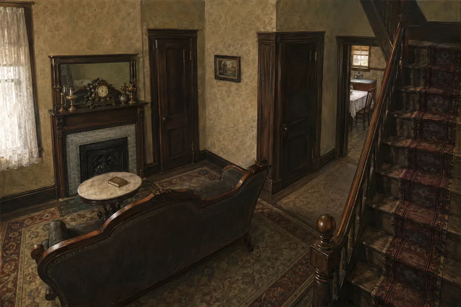Intérieur illustré d’une maison victorienne avec salon, portes étroites et escalier