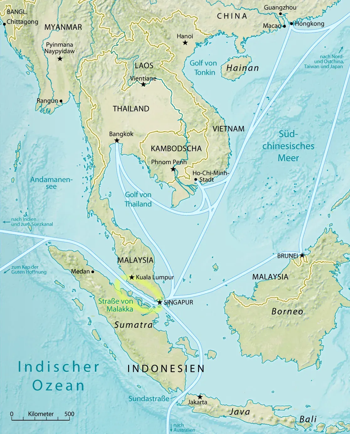 Carte du détroit de Malacca entre Sumatra et la péninsule Malaise