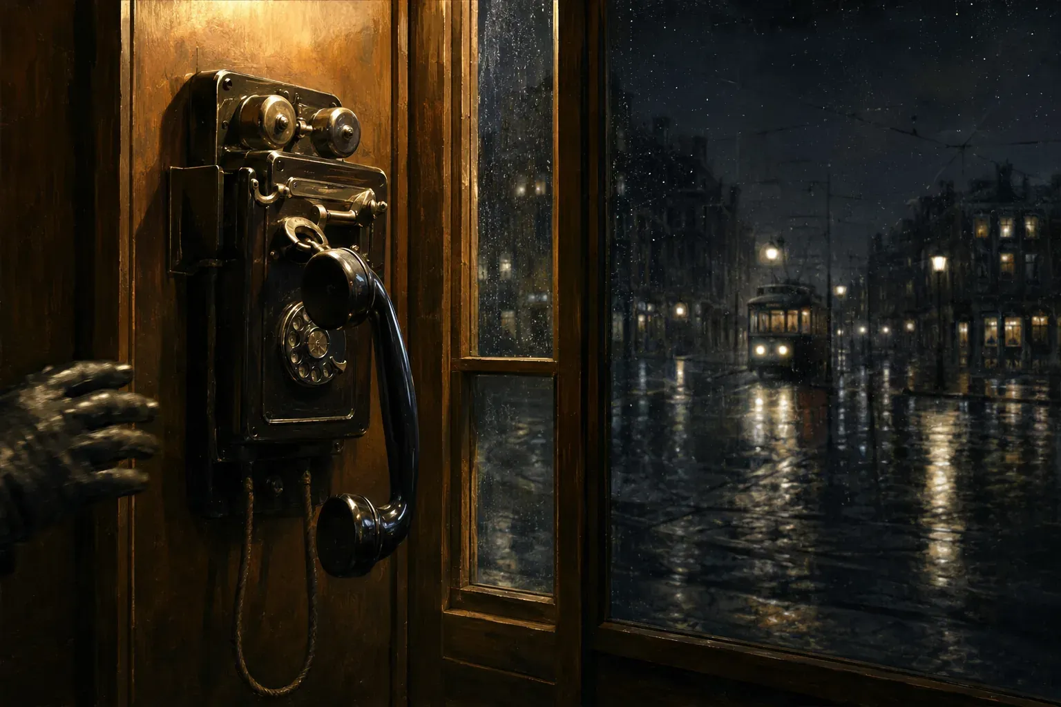 Téléphone public ancien dans une cabine sous la pluie, avec un tramway au loin