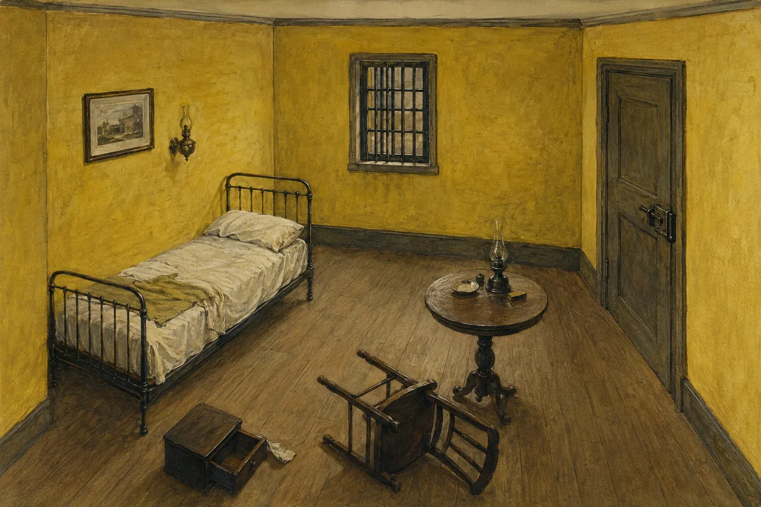 Reconstitution illustrée d’une chambre jaune fermée avec fenêtre barrée et mobilier renversé