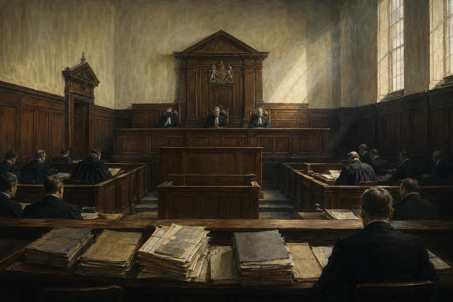Salle d’une cour d’appel britannique des années 1930 avec trois juges et des dossiers