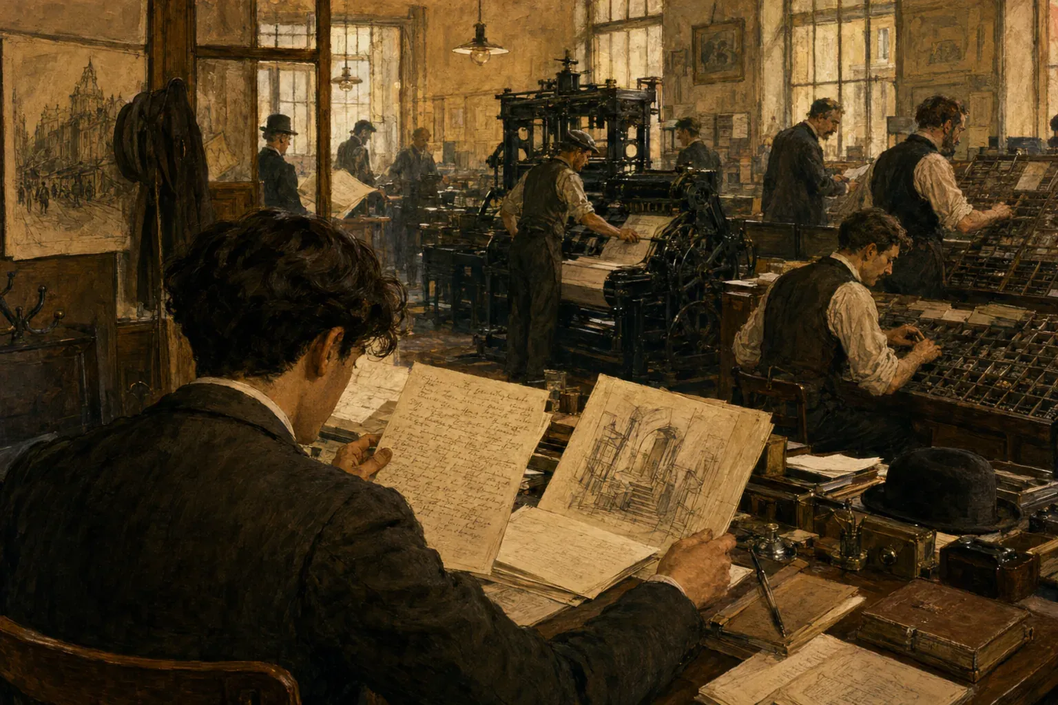 Rédaction et atelier d’imprimerie de la Belle Époque avec un reporter étudiant des manuscrits