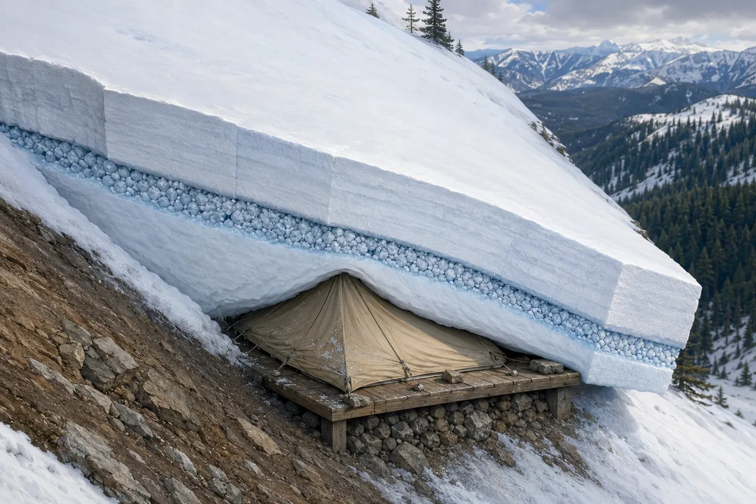 Coupe illustrée d’une plaque de neige reposant sur une couche fragile au-dessus d’une tente