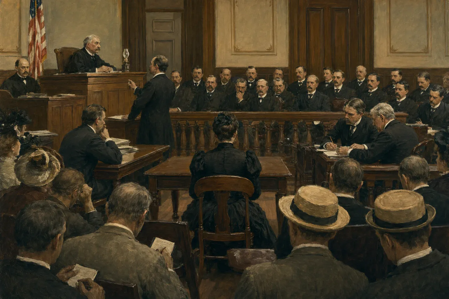 Salle d’audience américaine de 1893 avec une accusée vue de dos, avocats, jury et journalistes