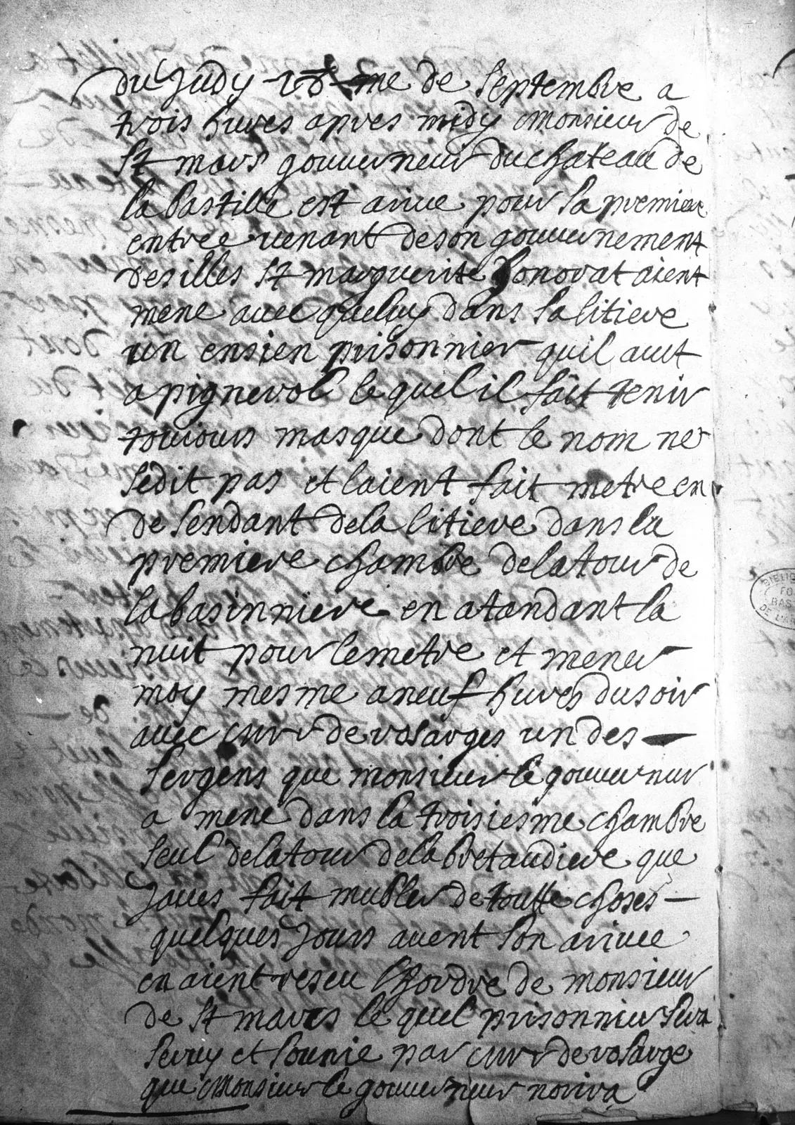 Acte d'écrou de l'homme au masque de fer, registre de la Bastille, 1698