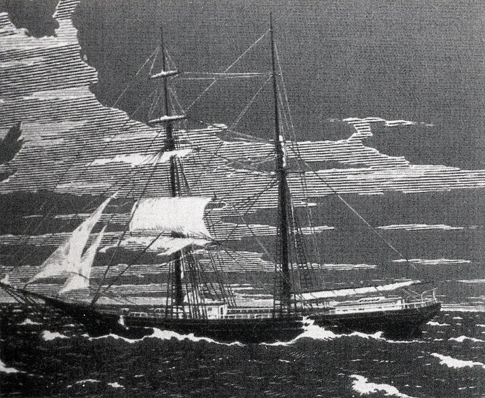 Gravure ancienne représentant le Mary Celeste sous voiles