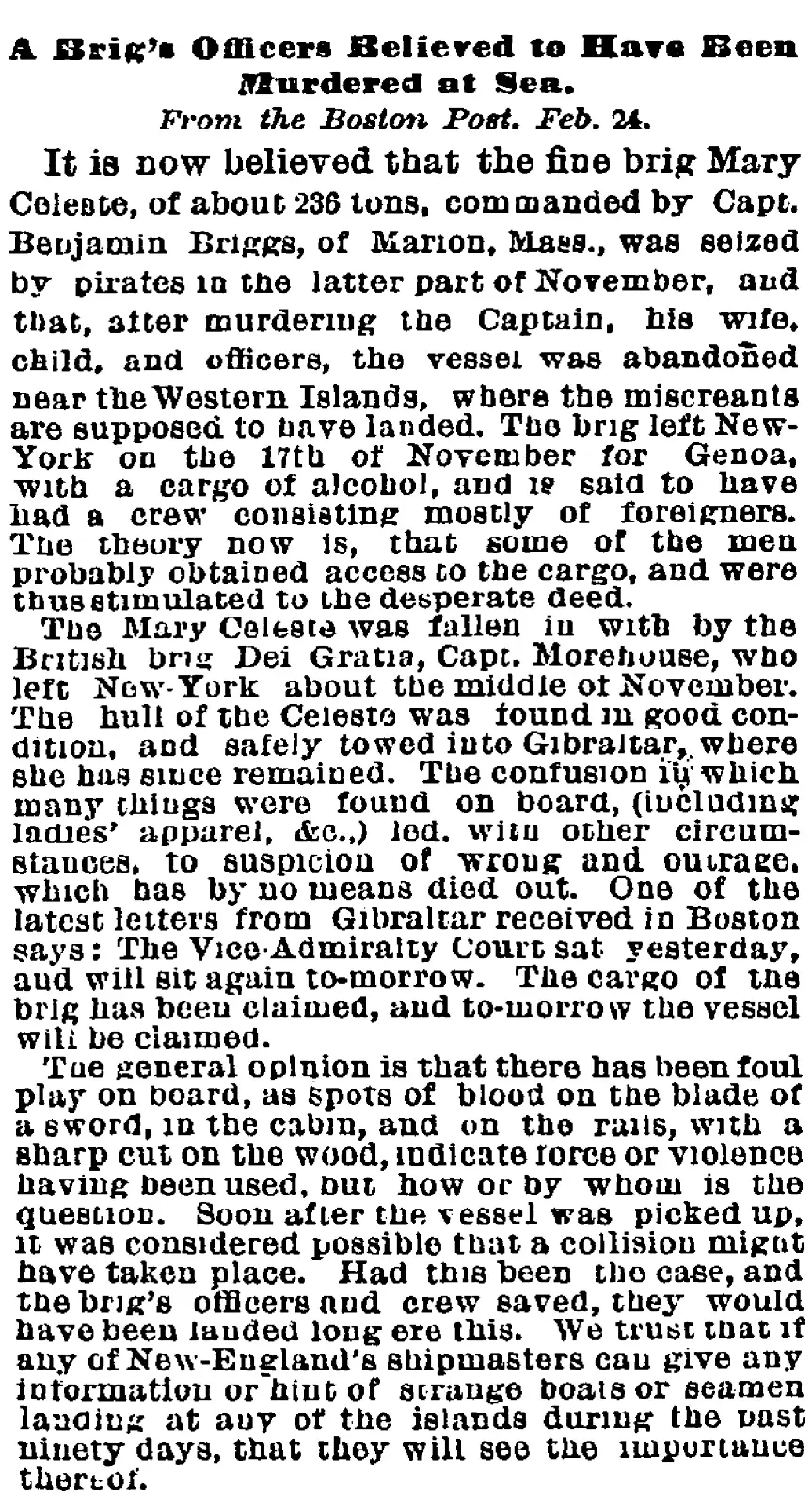 Article du New York Times de février 1873 évoquant un meurtre à bord du Mary Celeste