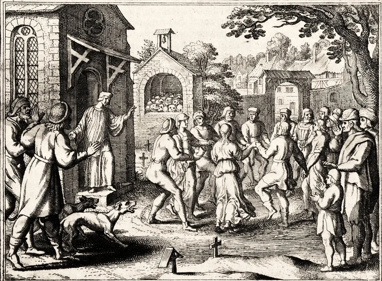Citadins de Strasbourg en proie à la choréomanie, illustration d'époque (~1600)
