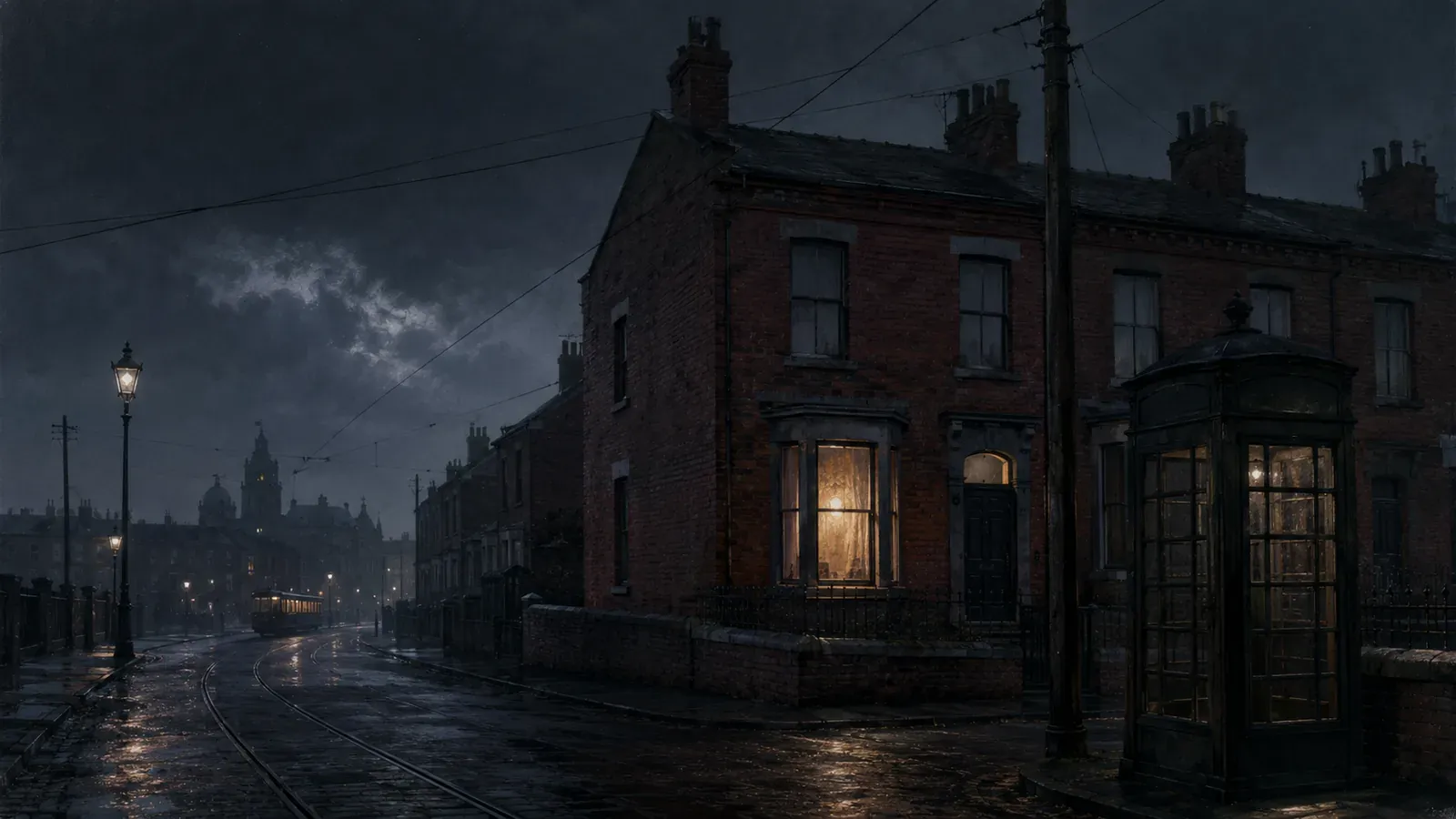 Rue de maisons en briques de Liverpool sous la pluie, avec un tramway et une cabine téléphonique en 1931
