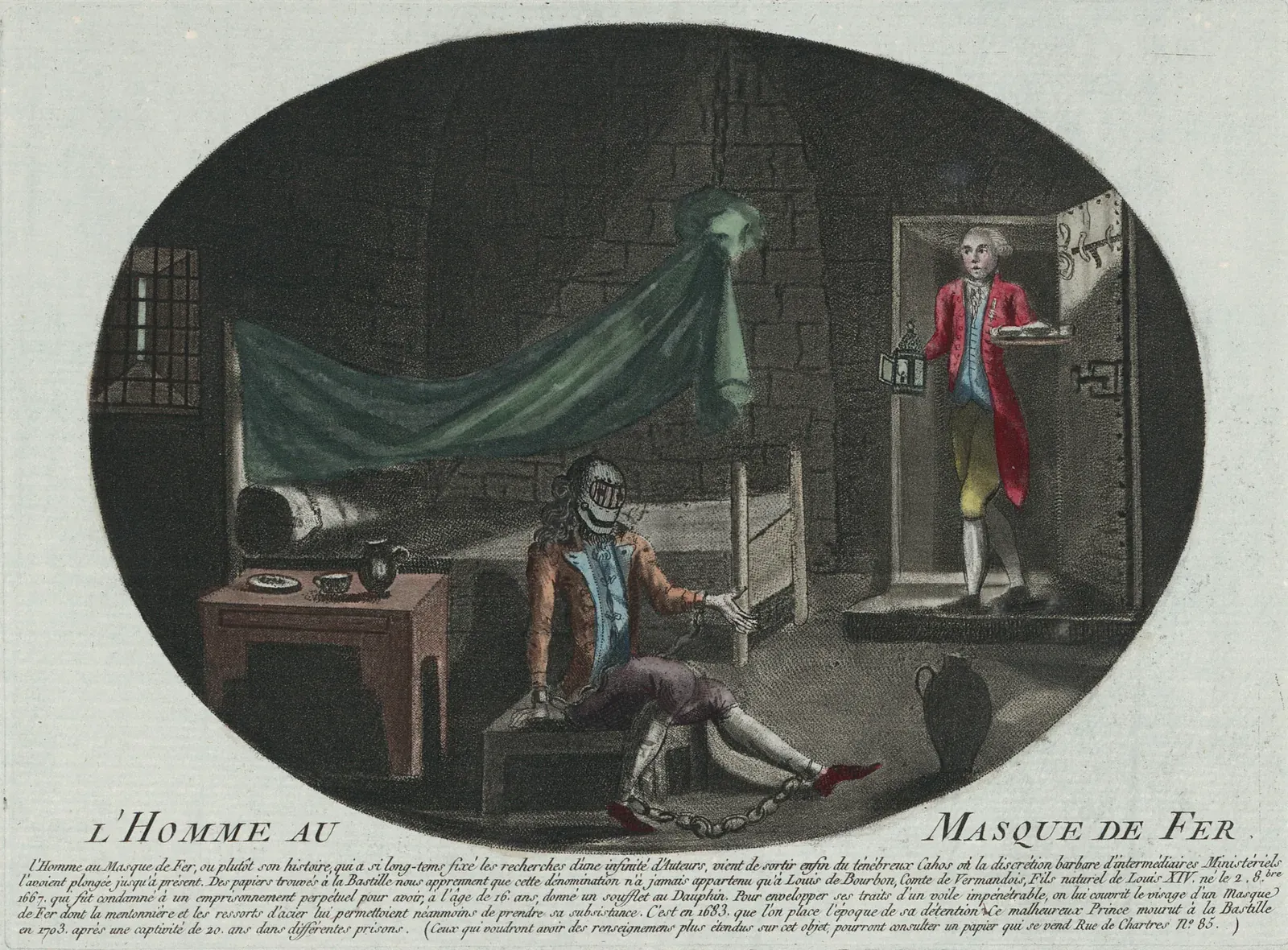 Gravure anonyme de 1789 représentant l'homme au masque de fer, selon la légende le comte de Vermandois, fils naturel de Louis XIV