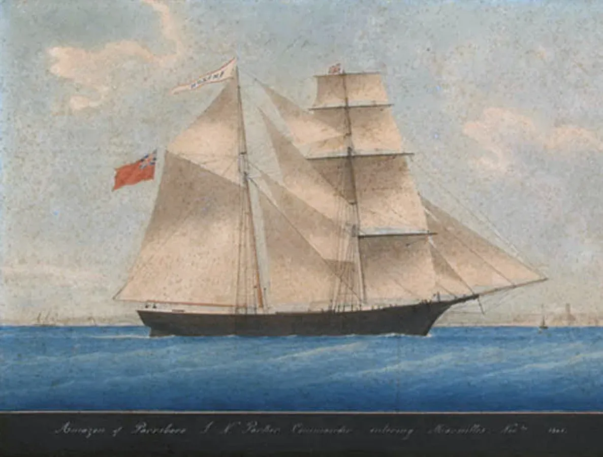 Peinture de la brigantine Amazon, futur Mary Celeste, entrant à Marseille en 1861