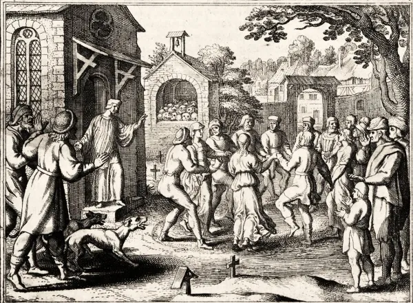 Citadins de Strasbourg en proie à la choréomanie, illustration d'époque (~1600)