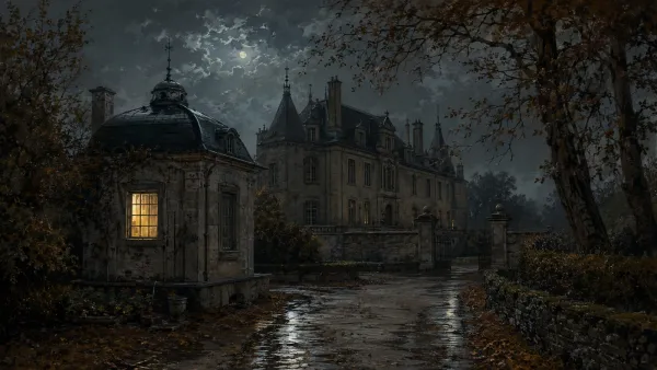 Château français et pavillon isolé dont une fenêtre jaune brille la nuit