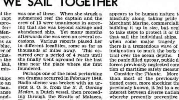 Extrait du magazine des garde-côtes américains de mai 1952 relatant l’histoire de l’Ourang Medan