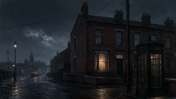 Rue de maisons en briques de Liverpool sous la pluie, avec un tramway et une cabine téléphonique en 1931