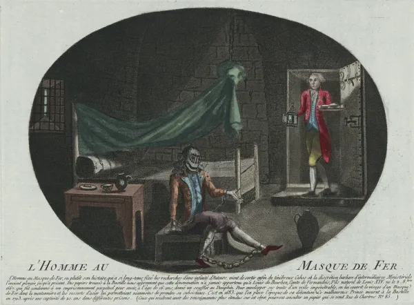 Gravure anonyme de 1789 représentant l'homme au masque de fer, selon la légende le comte de Vermandois, fils naturel de Louis XIV