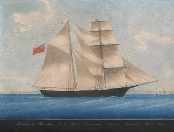 Peinture de la brigantine Amazon, futur Mary Celeste, entrant à Marseille en 1861